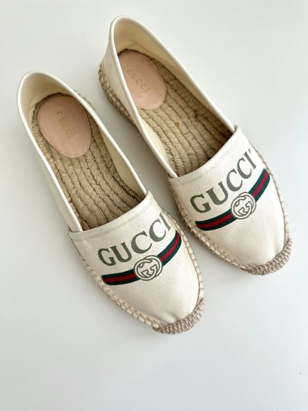 GUCCI GG Logo Red Green Web Canvas Espadrille Flats in Cream Size 38 (US 8)